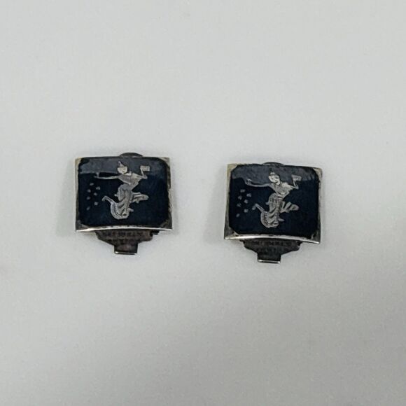 Vintage Siam Silver Earrings Black Enamel Clip On Square Dancer - Picture 9 of 12